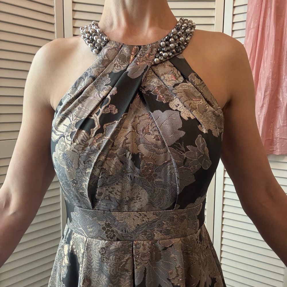 Eliza J bedazzled flattering jacquard ball or special occasion celebration gown.